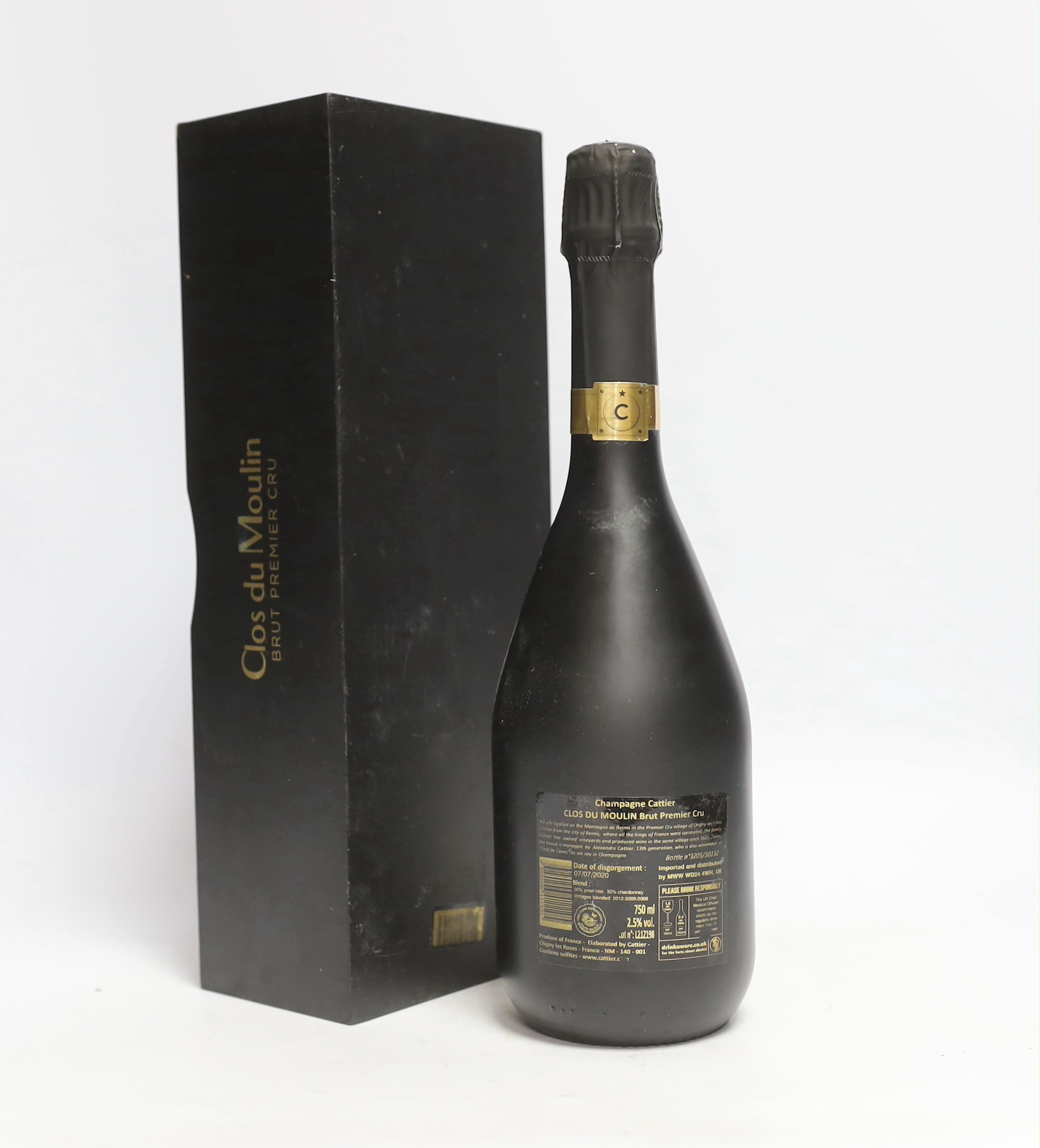 A bottle of Cattier Clos du Moulin champagne, boxed (lid missing)